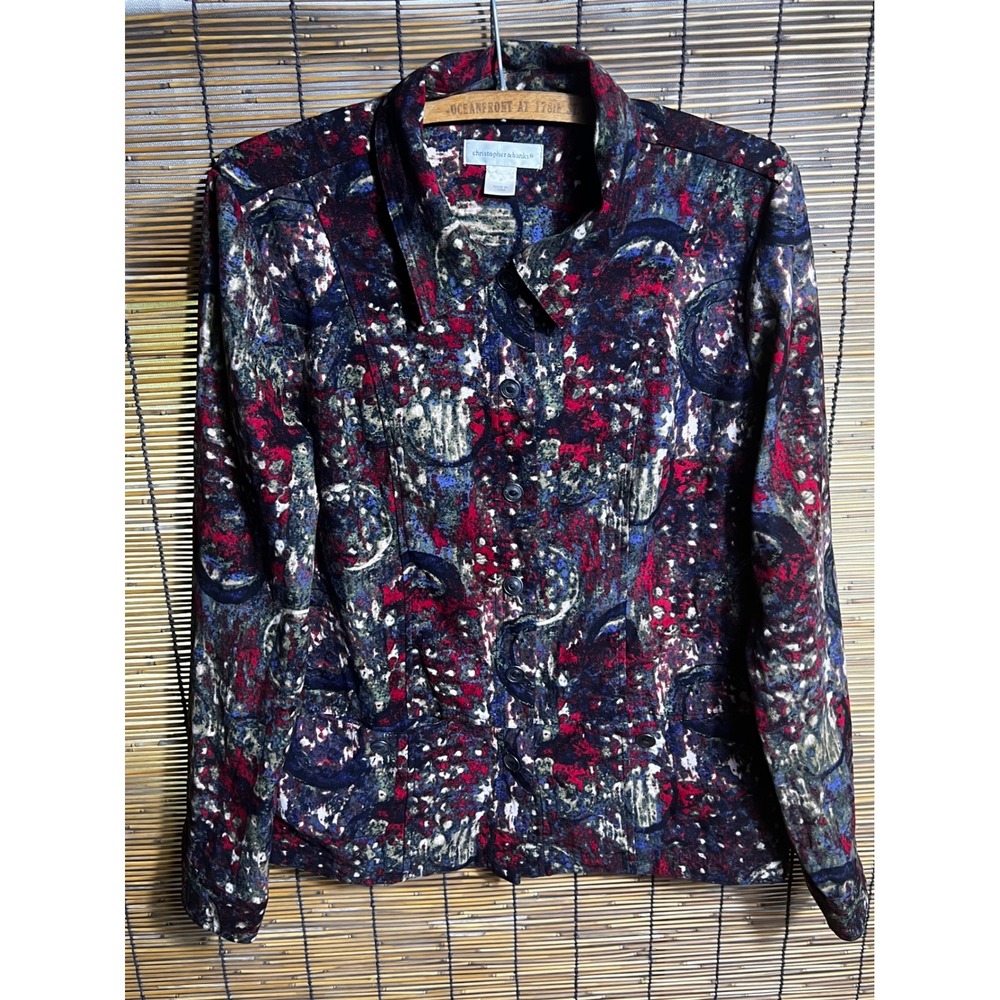Christopher & Banks Abstract Print Button Front Jacket Red Blue Green Size M